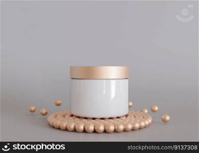White and blank, unbranded cosmetic cream jar standing on podium with pearls. Skin care product presentation on gray background. Luxury mockup. Beauty and spa. Jar with copy space. 3D render. White and blank, unbranded cosmetic cream jar standing on podium with pearls. Skin care product presentation on gray background. Luxury mockup. Beauty and spa. Jar with copy space. 3D render.