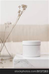White and blank, unbranded cosmetic cream jar standing on the table at home. Skin care product presentation. Elegant mockup. Skincare, beauty and spa. Jar with copy space. 3D rendering. White and blank, unbranded cosmetic cream jar standing on the table at home. Skin care product presentation. Elegant mockup. Skincare, beauty and spa. Jar with copy space. 3D rendering.