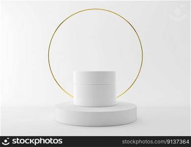 White and blank, unbranded cosmetic cream jar standing on white podium with golden ring. Skin care product presentation on white background. Elegant mockup. Skincare, beauty and spa. 3D rendering. White and blank, unbranded cosmetic cream jar standing on white podium with golden ring. Skin care product presentation on white background. Elegant mockup. Skincare, beauty and spa. 3D rendering.