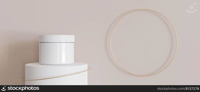 White and blank, unbranded cosmetic cream jar with flying golden ring on beige background. Skin care product presentation. Modern mock up. Skincare, beauty and spa. Jar with copy space. 3D rendering. White and blank, unbranded cosmetic cream jar with flying golden ring on beige background. Skin care product presentation. Modern mock up. Skincare, beauty and spa. Jar with copy space. 3D rendering.