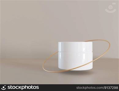 White and blank, unbranded cosmetic cream jar with flying golden ring on beige background. Skin care product presentation. Modern mock up. Skincare, beauty and spa. Jar with copy space. 3D rendering. White and blank, unbranded cosmetic cream jar with flying golden ring on beige background. Skin care product presentation. Modern mock up. Skincare, beauty and spa. Jar with copy space. 3D rendering.