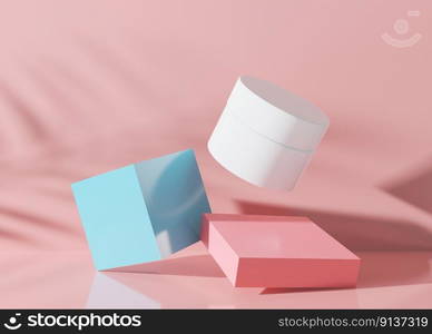 White and blank, unbranded cosmetic cream jar with leaves shadows on pink background. Skin care product presentation. Colorful mock up. Skincare, beauty and spa. Jar with copy space. 3D rendering. White and blank, unbranded cosmetic cream jar with leaves shadows on pink background. Skin care product presentation. Colorful mock up. Skincare, beauty and spa. Jar with copy space. 3D rendering.