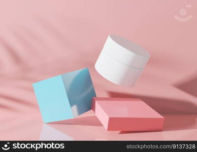 White and blank, unbranded cosmetic cream jar with leaves shadows on pink background. Skin care product presentation. Colorful mock up. Skincare, beauty and spa. Jar with copy space. 3D rendering. White and blank, unbranded cosmetic cream jar with leaves shadows on pink background. Skin care product presentation. Colorful mock up. Skincare, beauty and spa. Jar with copy space. 3D rendering.