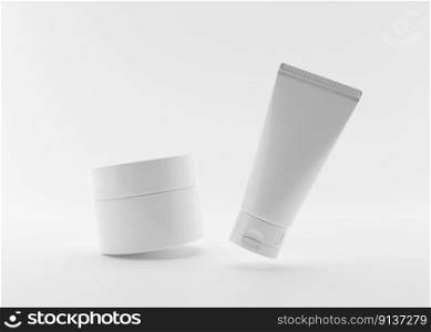 White and blank, unbranded cosmetic cream tube and jar on white background. Skin care products presentation. Minimalist mockup. Free space for your graphic design. Skincare, beauty. 3D rendering. White and blank, unbranded cosmetic cream tube and jar on white background. Skin care products presentation. Minimalist mockup. Free space for your graphic design. Skincare, beauty. 3D rendering.