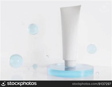 White and blank, unbranded cosmetic cream tube with blue spheres. Skin care product presentation on white background. Modern mock up. Tube with copy space. 3D rendering. White and blank, unbranded cosmetic cream tube with blue spheres. Skin care product presentation on white background. Modern mock up. Tube with copy space. 3D rendering.