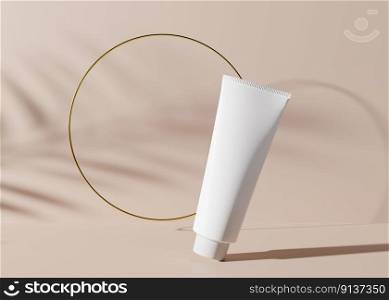 White and blank, unbranded cosmetic cream tube with golden ring and plants shadows. Skin care product presentation on light brown background. Luxury mockup. Tube with copy space. 3D rendering. White and blank, unbranded cosmetic cream tube with golden ring and plants shadows. Skin care product presentation on light brown background. Luxury mockup. Tube with copy space. 3D rendering.