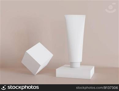 White and blank, unbranded cosmetic cream tube with simple geometric forms. Skin care product presentation on cream background. Modern mockup. Tube with copy space. 3D rendering. White and blank, unbranded cosmetic cream tube with simple geometric forms. Skin care product presentation on cream background. Modern mockup. Tube with copy space. 3D rendering.