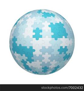 White and blue jigsaw puzzle pieces pattern texture on ball or sphere shape isolated on white background. Mock up design. 3d abstract illustration