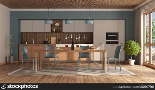 White and blue modern kitchen with dining table ,chairs and wooden ceiling - 3d rendering. Modern kitchen with wooden table and blue chairs