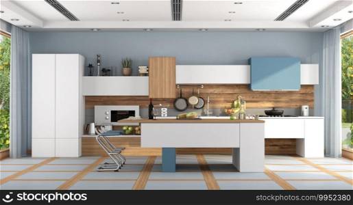 White and blue modern kitchen with island and stool - 3d rendering. White and blue modern kitchen