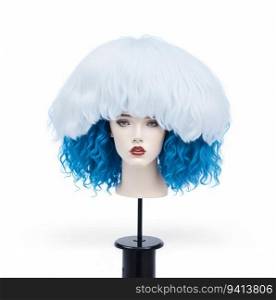 White and Blue Wig on Mannequin, Isolated on White Background