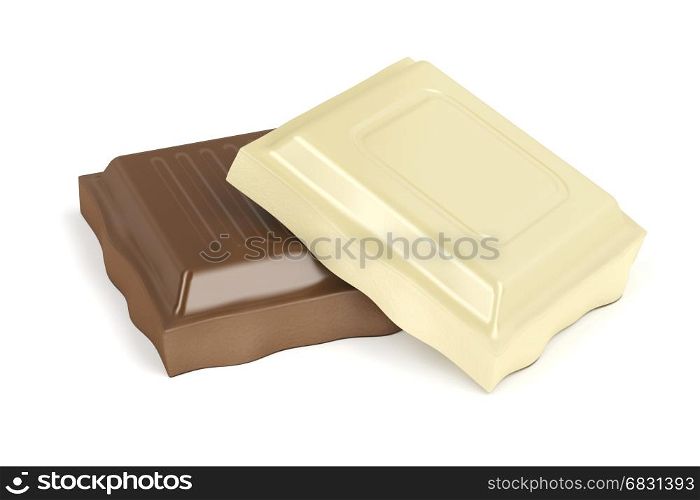 White and brown chocolate pieces on white background