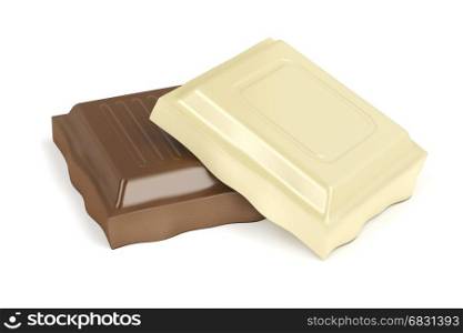 White and brown chocolate pieces on white background
