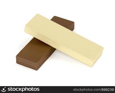 White and brown chocolate wafers on white background
