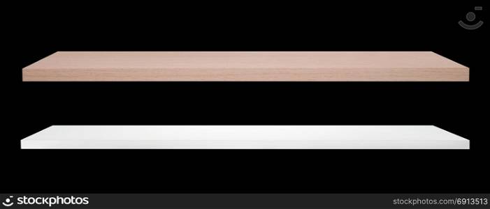 white and brown colour wooden shelf isolated on black background