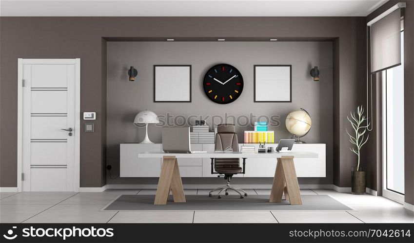 White and brown modern office. White and brown modern office with desk and chair - 3d rendering