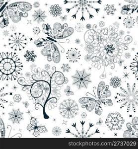 White and dark blue Christmas repeating pattern with snowflakes and butterflies