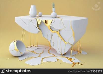 White and gold kintsugi style interior with console table in traditional Japanese art of broken pottery with cracked lines. AI. White and gold kintsugi style console table with cracked lines. AI