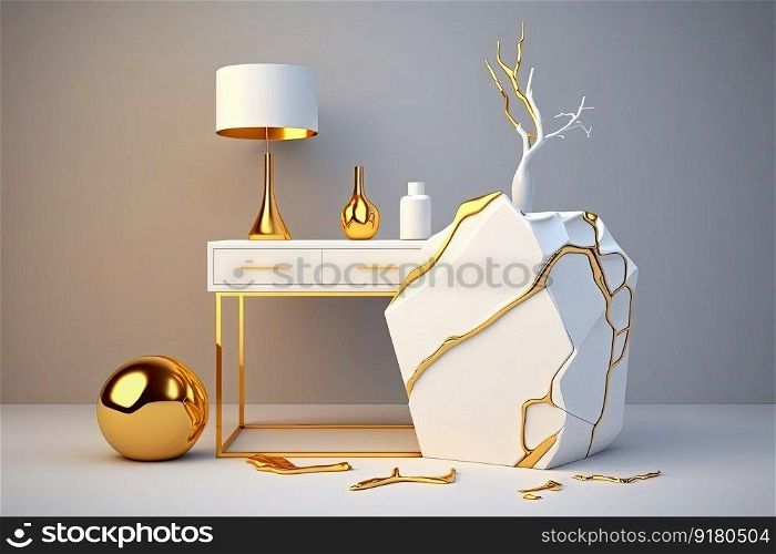 White and gold kintsugi style interior with console table in traditional Japanese art of broken pottery with cracked lines. AI. White and gold kintsugi style console table with cracked lines. AI