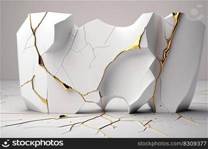 White and gold kintsugi style product display in traditional Japanese art of broken pottery with cracked lines. AI. White and gold kintsugi style product display with cracked lines. AI