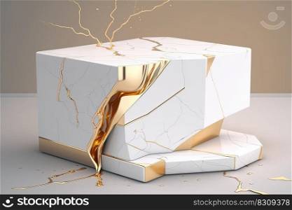 White and gold kintsugi style product display wall in traditional Japanese art of broken pottery with cracked lines. AI. White and gold kintsugi style product display wall with cracked lines. AI