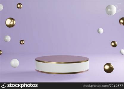 White and golden cylinder product stand with decoration on purple background, pedestal podium display, 3D Rendering.