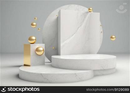 White and golden product presentation mock-up. Marble podium with copy space. Stage, display, showroom. Empty scene. Generative AI. White and golden product presentation mock-up. Marble podium with copy space. Stage, display, showroom. Empty scene. Generative AI.