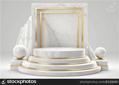 White and golden product presentation mock-up. Marble podium with copy space. Stage, display, showroom. Empty scene. Generative AI. White and golden product presentation mock-up. Marble podium with copy space. Stage, display, showroom. Empty scene. Generative AI.