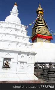 White and golden stupa Swayambhunath in Kathmandu, Nepal