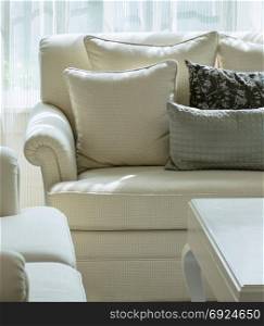 white and gray decorative pillows on a casual sofa in the living room