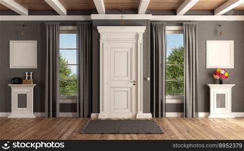 White and gray home entrance of a classic villa with closed front door and two windows - 3d rendering. Home entrance of a classic villa