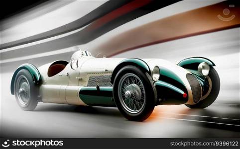 White and Green Vintage Race Car with Sleek Curves and Classic Design on High-Speed Action Background