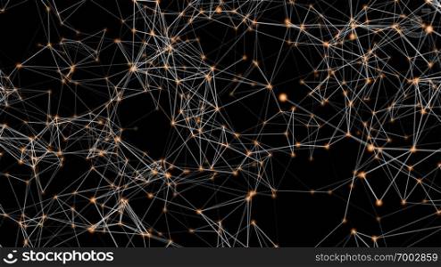 White and orange digital computer data and network connection triangle lines and spheres in futuristic technology concept on black background, 3d abstract illustration