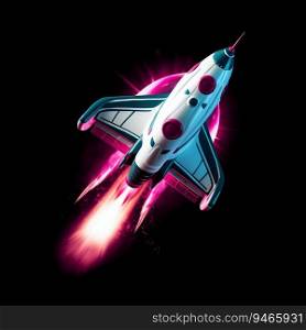 White and Pink Cartoon Spacecraft Hovering Over a Black Background. Generative ai. High quality illustration. White and Pink Cartoon Spacecraft Hovering Over a Black Background. Generative ai