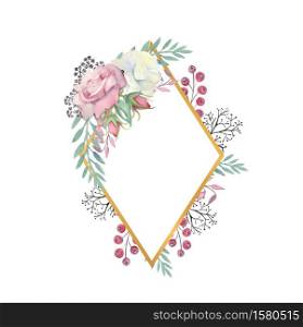 White and pink roses flowers, green leaves, berries in a gold diamond-shaped frame. Wedding concept with flowers. Watercolor compositions for the decoration of greeting cards or invitations.. White and pink roses flowers, green leaves, berries in a gold diamond-shaped frame. Watercolor illustration