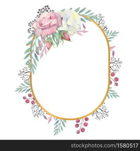 White and pink roses flowers, green leaves, berries in a gold oval frame. Wedding concept with flowers. Watercolor compositions for the decoration of greeting cards or invitations.. White and pink roses flowers, green leaves, berries in a gold oval frame. Watercolor illustration