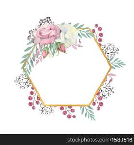 White and pink roses flowers, green leaves, berries in a gold polygonal frame. Wedding concept with flowers. Watercolor compositions for the decoration of greeting cards or invitations.. White and pink roses flowers, green leaves, berries in a gold polygonal frame. Watercolor illustration