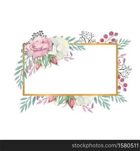White and pink roses flowers, green leaves, berries in a gold rectangular frame. Wedding concept with flowers. Watercolor compositions for the decoration of greeting cards or invitations.. White and pink roses flowers, green leaves, berries in a gold rectangular frame. Watercolor illustration