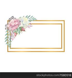 White and pink roses flowers, green leaves, berries in a gold rectangular frame. Wedding concept with flowers. Watercolor compositions for the decoration of greeting cards or invitations.. White and pink roses flowers, green leaves, berries in a gold rectangular frame. Watercolor illustration