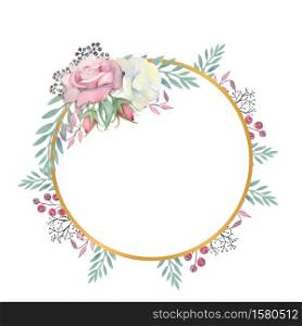 White and pink roses flowers, green leaves, berries in a gold round frame. Wedding concept with flowers. Watercolor compositions for the decoration of greeting cards or invitations.. White and pink roses flowers, green leaves, berries in a gold round frame. Watercolor illustration