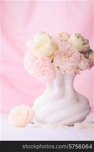 White and pink roses in a vase on pink background closeup