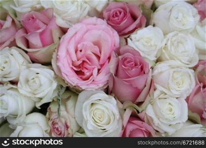 White and pink roses in an elegant bridal bouquet