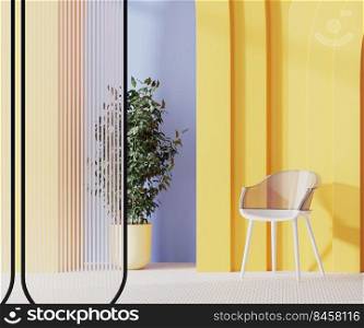 White  and plastic modern chair with yellow arch and green plant in yellow pot with glass partition, 3d render