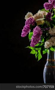 White and purple branches of lilac in vase on black background. Spring branch of blooming lilac on the black background.