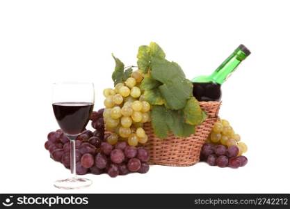 white and red grape with leaves and bottle of wine in the basket