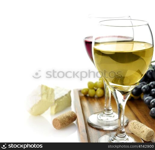 White And Red Wine Glasses With Cheese And Grape