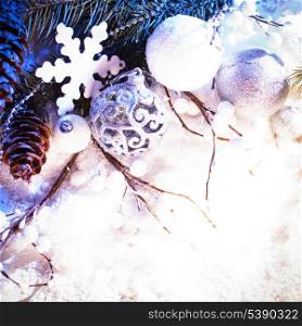 White and silver christmas decor with blue light