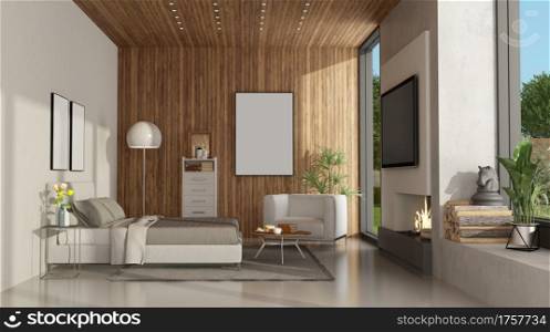 White and wooden master bedroom of a modern villa with fireplace and TV on concrete wall - 3d rendering. White and wooden minimalist master bedroom with fireplace
