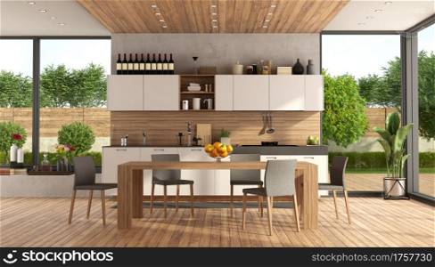 White and wooden modern kitchen with dining table and garden on background - 3d rendering. White and wooden modern kitchen