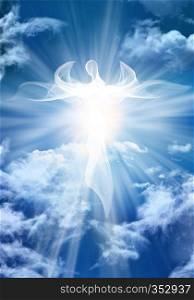 White angel. Abstract modern illustration. Sky clouds with bright light rays
